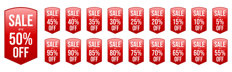 badge template, Red retail and shopping SALE and percentage tag icons set on white background