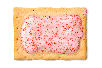 Hot Strawberry Iced Toaster Pastry with Sprinkles Isolated on White Background Toasted Frosted breakfast stuffed Tart cookies - obrazy, fototapety, plakaty