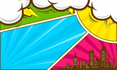 Comic colorful design with cloud and city silhouette