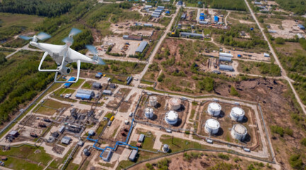 Industrial application drone with camera. Industry control and inspection oil refinery plant site