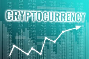 Words Cryptocurrency on green finance background. 3D render. Soft focus. Financial market concept
