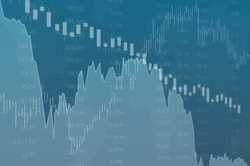 Blue finance background with numbers, candlesticks, line, bars. 3D render. Soft focus. Financial market concept