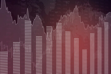 Red finance background with numbers, columns, line, bars. 3D render. Soft focus. Financial market concept