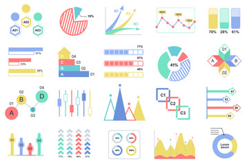 Obraz premium Set of infographic elements data visualization vector design template with different chart, diagram, flowchart, workflow, timeline. Infographics for business statistics, planning and analytics.