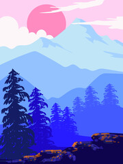 Beautiful sunrise at mountain lake vector illustration. Landscape background with pine trees, water and rocky mountain.