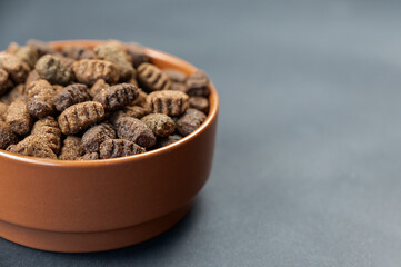 Dry dog food in a brown clay bowl against a gray background. The pellets are oval. Food for dogs...