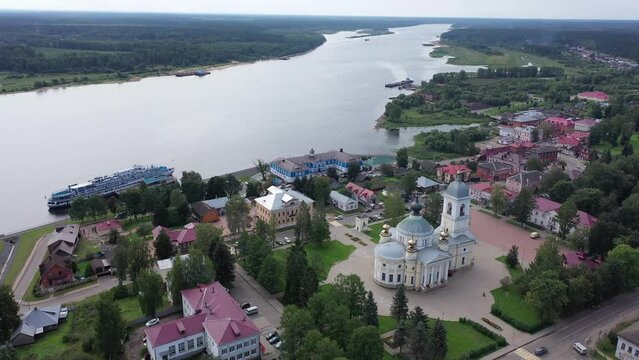 Aerial view of the city of Myshkin and the Volga river. Russia