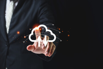 Technology network cloud concept. information digital data computing storage server. man point the finger cloud storage and connect wireless information.