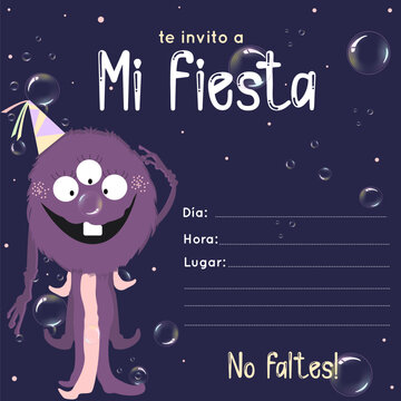 invitaci&oacute;n para fiesta infantil con monstruo violeta con rosa y gorrito de fiesta con coloes y burbujas