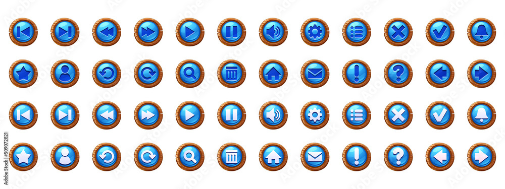 Poster circle blue buttons with wooden frame and web icons. vector cartoon set of ui elements for game menu