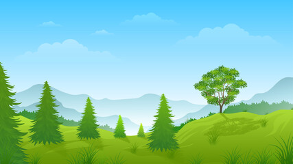 Fototapeta premium Summer landscape mountain with pine trees on the hill cartoon illustration