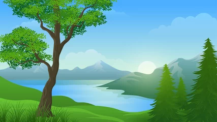 Rolgordijnen Cartoon summer mountain and river or lake landscape illustration © Astira