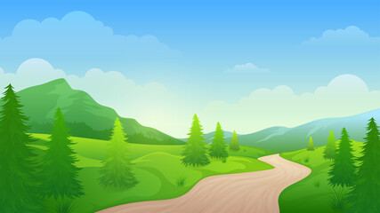 Fototapeta premium Footpath through the beautiful hills and pine forests cartoon landscape