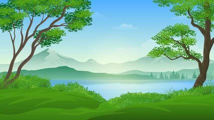 Fotobehang Beautiful Summer Fields Landscape with lake cartoon illustration © Astira