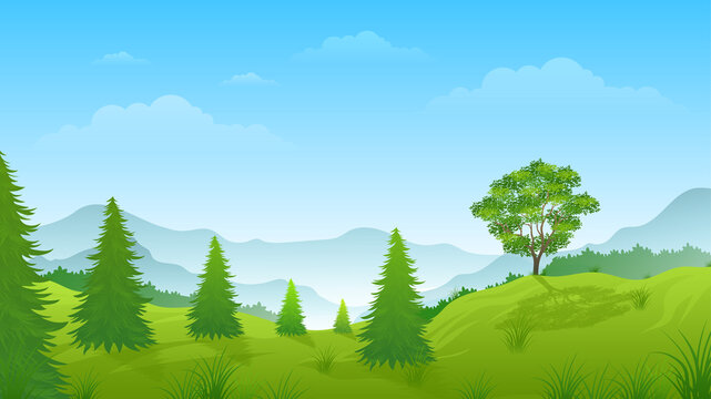 Summer landscape mountain with pine trees on the hill cartoon illustration