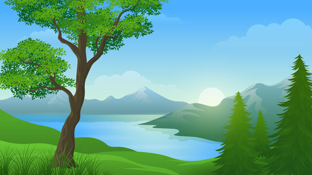 Cartoon summer mountain and river or lake landscape illustration