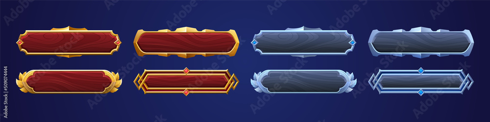 Poster wooden buttons with gold and silver frames for game ui design. vector cartoon set of blank rectangle
