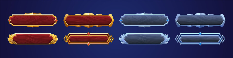 Wooden buttons with gold and silver frames for game ui design. Vector cartoon set of blank rectangle buttons with wood texture and golden and metal borders in medieval style © klyaksun