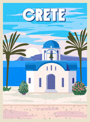 Obraz premium Crete Poster Travel, Greek white church with blue roofs, poster, old Mediterranean European culture and architecture