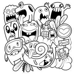 funny monsters. Cool hand drawn characters. Cartoon hand drawn doodles, children's  illustration coloring background. black and white stripes