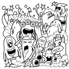 Hand-drawn illustrations, monsters doodle, Hand Drawn cartoon monster illustration,Cartoon crowd doodle hand-drawn Doodle style.black and white stripes coloring  book