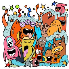 Hand-drawn illustrations, monsters doodle, Hand Drawn cartoon monster illustration,Cartoon crowd doodle hand-drawn Doodle style.