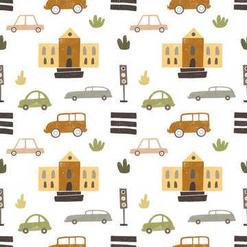 Children's pattern with the image of the city and transport. Cars, pedestrian crossing, buildings, traffic lights. Hand-drawn illustration. Ideal for fabric, packaging, wallpaper.