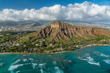 Aerial helicopter view of Diamond Head Mountain, volcanic tuff cone in Honolulu, Oahu