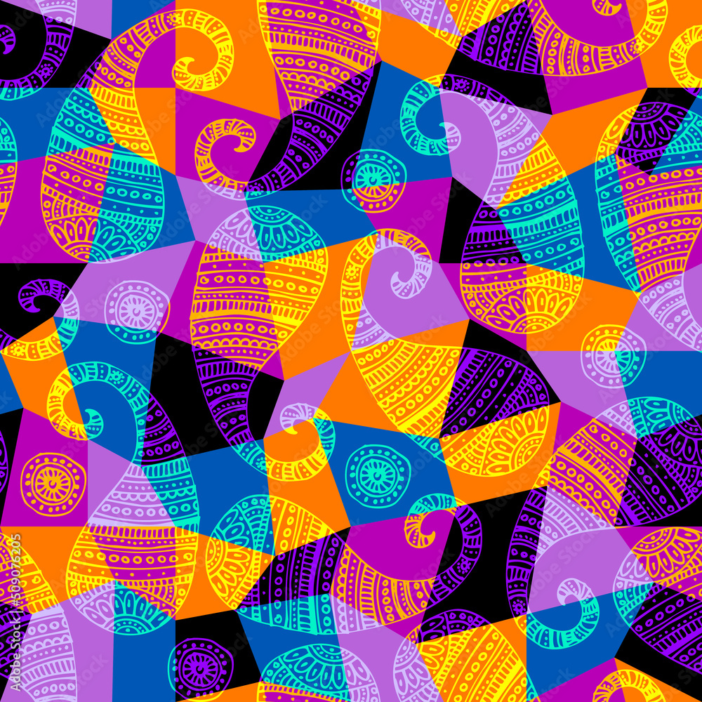 Poster seamless pattern paisley pattern background with defocused wavy background.