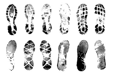 Footprints human shoes silhouette, vector set.