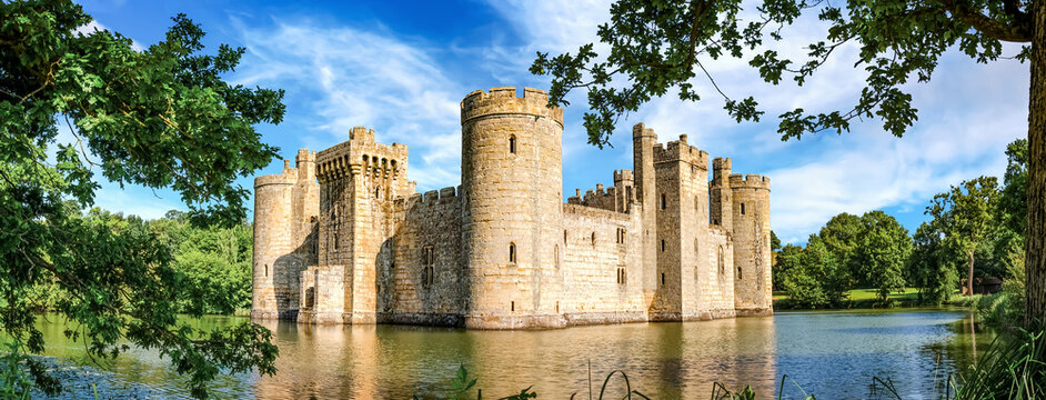 Panoramic view of moated castle Bodiam near Robertsbridge in East Sussex, England.  
