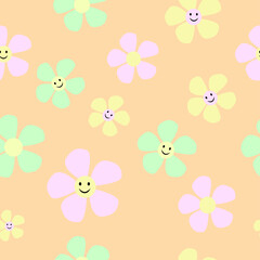 Seamless hippie daisy design pattern. Trippy pattern of 70s fashion, hippie