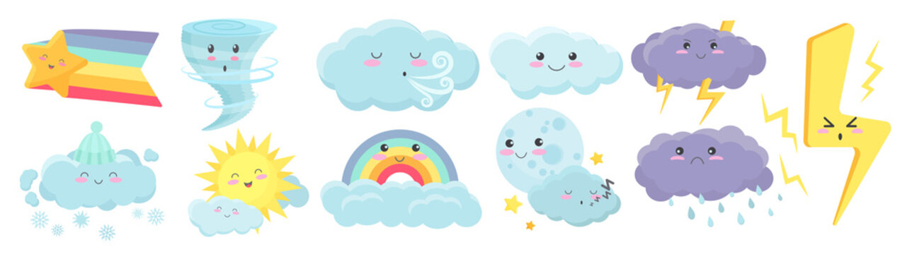 Cute weather elements, baby meteorology set vector illustration. Cartoon kawaii rain cloud characters with sleepy or funny face, summer colorful rainbow, lightning, star and moon isolated on white