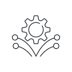Gear and fireworks. New technical success, achievement. Vector linear icon isolated on white background.