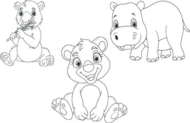 Drawing cartoon bear and rhinoceros animals illustration vector
