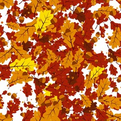 Fototapeta premium Vector seamless pattern oak yellow leaves and acorns isolated on white background.Oak leaf and acorn for September decor. Floral elements in flat style for autumn design.