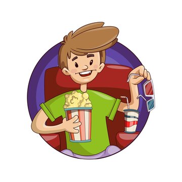 Man Sit Watching Movie In Cinema 3d Glasses With Popcorn Flat Vector Illustration