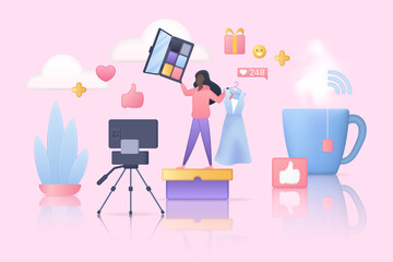 Beauty vlog, fashion and makeup live channel with consultant. Tiny woman influencer talking about cosmetics products in social media, video presentation flat vector illustration. Vlogging concept