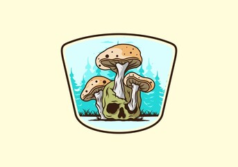 Mushroom growing on human skull illustration