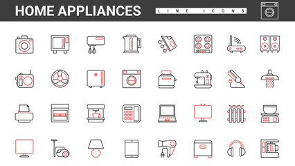 Household electric equipment, home appliances thin red and black line icons set vector illustration. Abstract domestic utensils and devices for cooking food in kitchen, cleaning house, hair care
