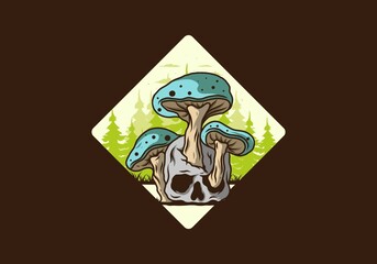 Mushroom growing on human skull illustration