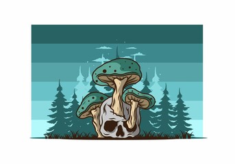 Mushroom growing on human skull illustration