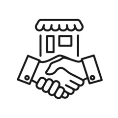Store cooperation and hand shake symbol. Property dealer making a deal handshake linear illustration.
