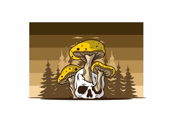 Mushroom growing on human skull illustration