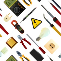 Tools for electrician. Repair of radio electronic and microprocessor equipment. Spare parts components and service. Isolated on white background. Seamless pattern. Vector