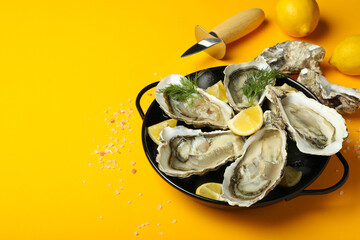 Concept of seafood, oysters, space for text