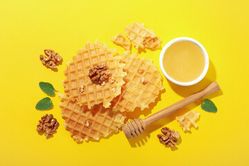 Concept of tasty food with wafers, top view