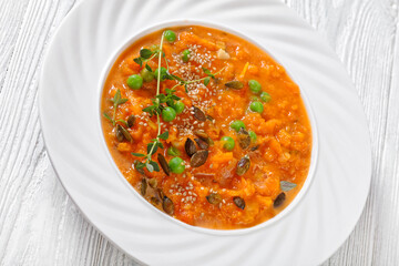 roast sweet potato and carrot soup with green peas