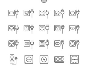 Types of electric sockets. AC power plugs, electrical outlet and power socket. Electric strip. Pixel Perfect Vector Thin Line Icons. Simple Minimal Pictogram