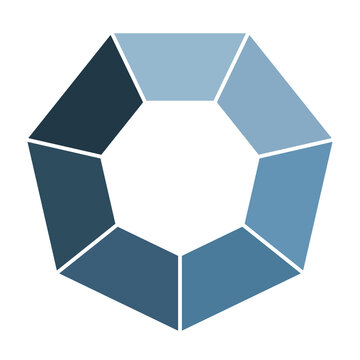 Heptagon infographic template icon. Graphic symbol layout, blue on white background. 7 separated steps diagram. Simple multicolored flat design.